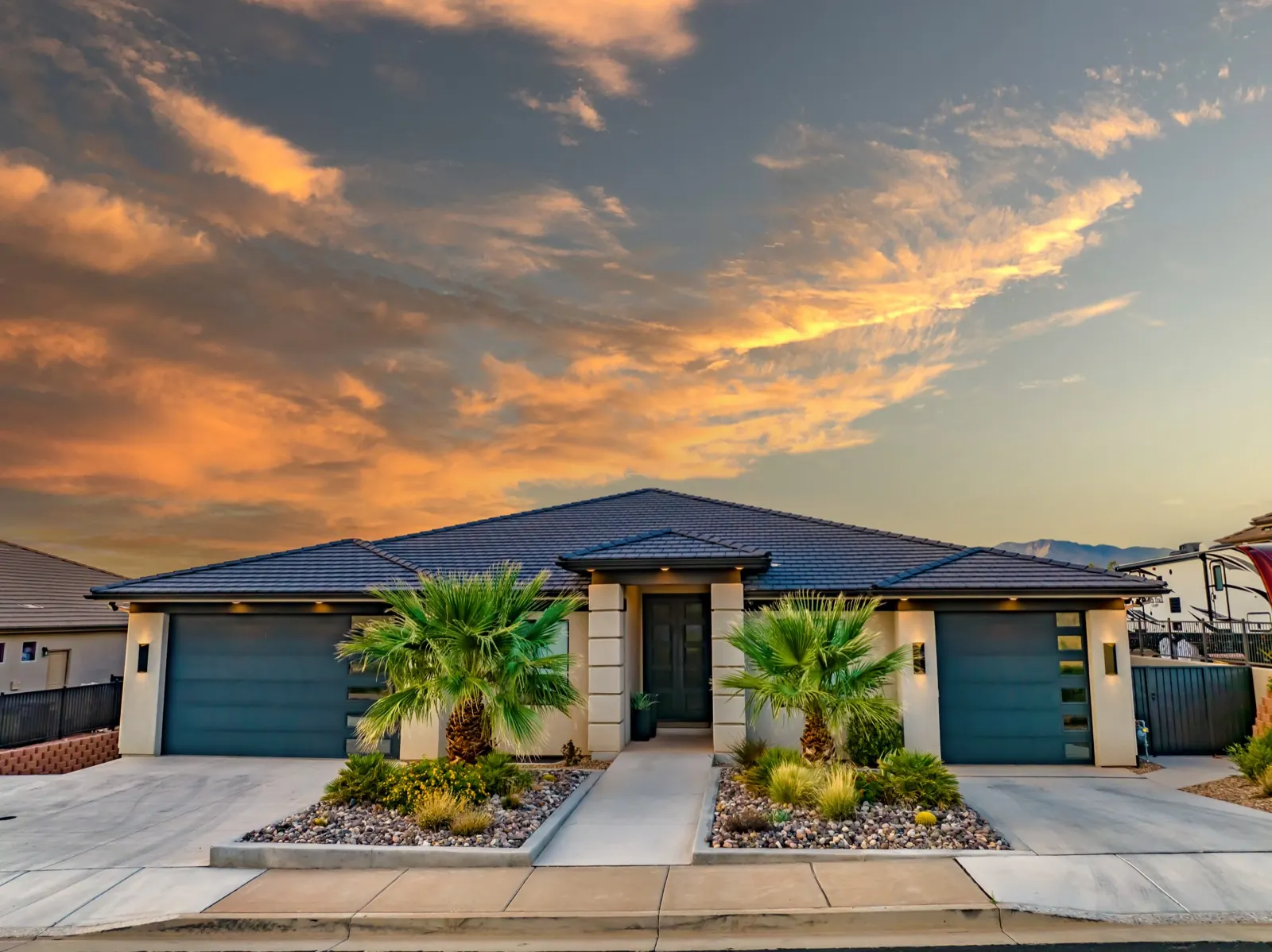 A St. George home photographed from the air at dusk